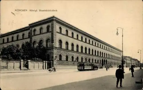 Ak München Bayern,  königliche Staatsbibliothek, Straßenbahn