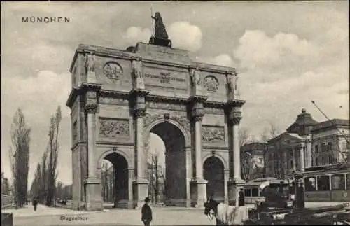 Ak München Bayern, Siegestor, Straßenbahn