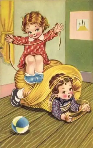 Künstler Ak Zwei Kinder mit einem großen Wollknäuel, Junge ist eingewickelt