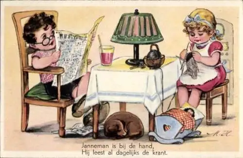 Künstler Ak Kinder als Erwachsene, Junge liest Zeitung, strickendes Mädchen