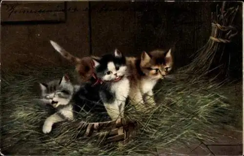 Litho Hauskatzen im Stroh, Katzenkinder, Kätzchen