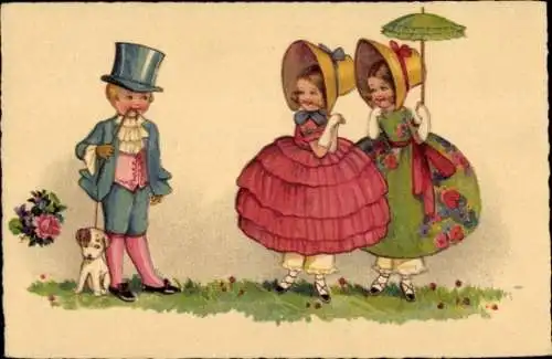 Ak Elegante Mädchen und Junge, Hund
