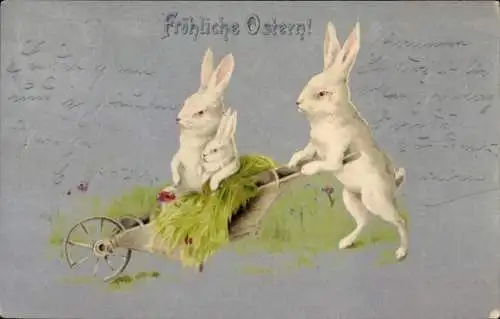 Litho Glückwunsch Ostern, Osterhasen, Schubkarre, Gras