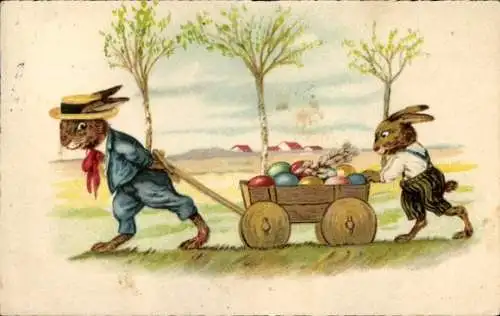 Ak Ostern, Osterhasen, Ostereier, Weidenkätzchen