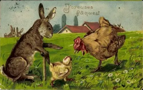 Präge Litho Glückwunsch Ostern, Osterhase, Henne, Küken