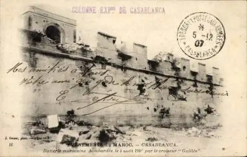 Ak Casablanca, Marokko, marokkanische Batterie vom Kreuzer Galilée bombardiert