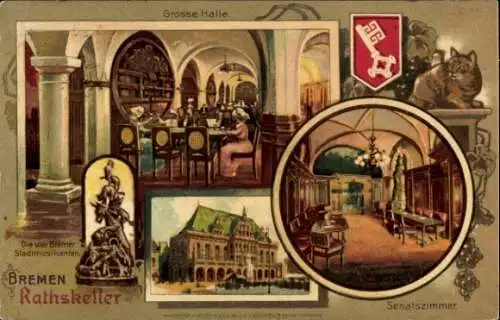 Litho Hansestadt Bremen, Ratskeller, Senatszimmer, Bremer Stadtmusikanten, Große Halle, Wappen