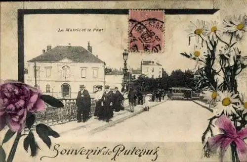 Passepartout Ak Puteaux Hauts de Seine, Rathaus, Brücke, Blumen