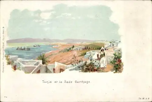 Litho Tunis Tunesien, Rade Carthage, Teilansicht der Stadt
