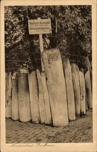 Ak Nordseebad Borkum in Ostfriesland, Walfisch Kinnladen aus der Zeit der Grönlandfahrten