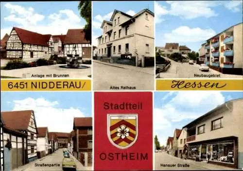 Ak Ostheim Nidderau in Hessen, Wappen, Anlage mit Brunnen, Neubaugebiet, Altes Rathaus