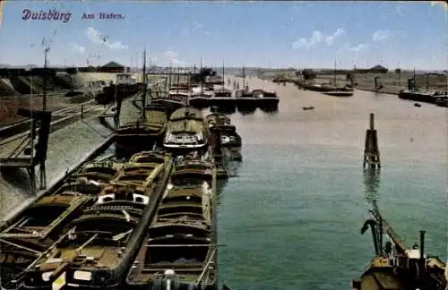 Ak Duisburg im Ruhrgebiet, Partie am Hafen, Boote, Anleger