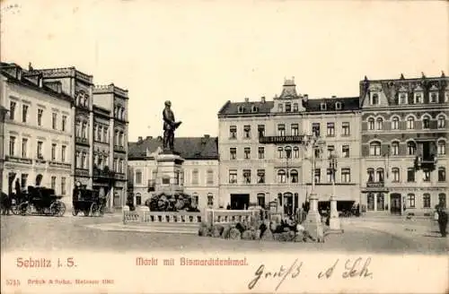 Ak Sebnitz Sächsische Schweiz, Markt mit Bismarck Denkmal, Hotel Stadt Dresden