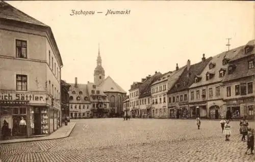 Ak Zschopau im Erzgebirge Sachsen, Neumarkt, G. Sättler, Karl Büchner Spirituosen