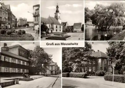 Ak Meuselwitz in Thüringen, Markt, Mühlteich, Bahnhofstraße, Poliklinik