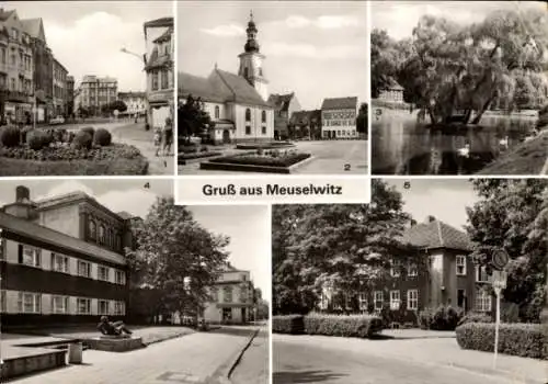 Ak Meuselwitz in Thüringen, Markt, Mühlteich, Bahnhofstraße, Poliklinik