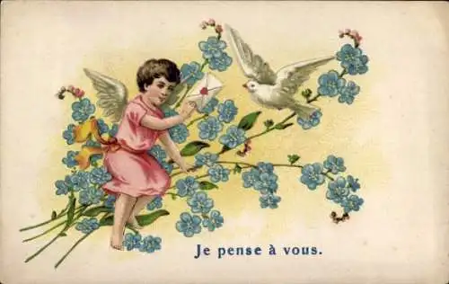Präge Ak Engel, Blumen, Vergissmeinnicht, Taube, Brief