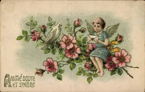 Präge Ak Engel, Blumen, Taube, Brief, Kitsch