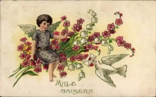 Präge Ak Engel, Blumen, Taube mit Brief im Schnabel, Maiglöckchen