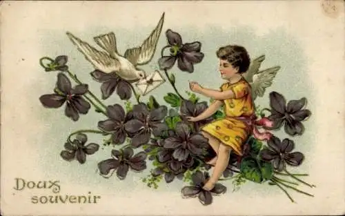 Präge Ak Engel, Veilchen, Taube mit Brief im Schnabel