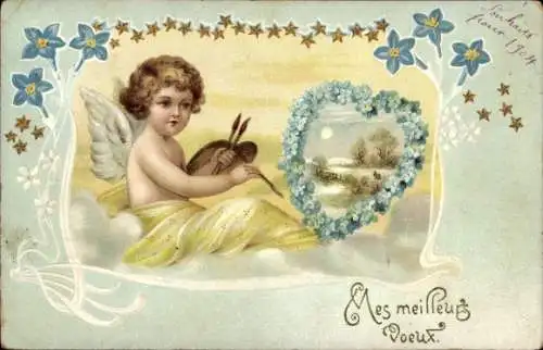Litho Engel malt ein Bild, Vergissmeinnicht
