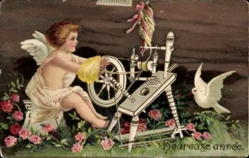 Präge Ak Glückwunsch Neujahr, Engel am Spinnrad, Rosen, Taube