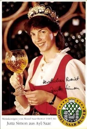 Ak Weinkönigin von Mosel-Saar-Ruwer 1985/1986, Jutta Simon aus Azyl, Autogramm