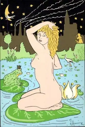 Künstler Ak Nackte Blondine auf einem Seerosenblatt, Froschkönig