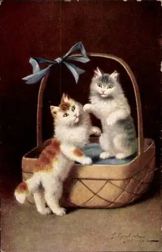 Künstler Ak Sperlich, Zwei Katzen im Korb, Blaue Schleife