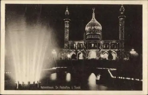 Ak København Kopenhagen Dänemark, Tivoli, Konzertsaal bei Nacht, Springbrunnen