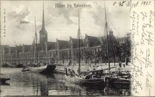 Ak København Kopenhagen Dänemark, Hilsen, Borsen, Segelboote, Häuser