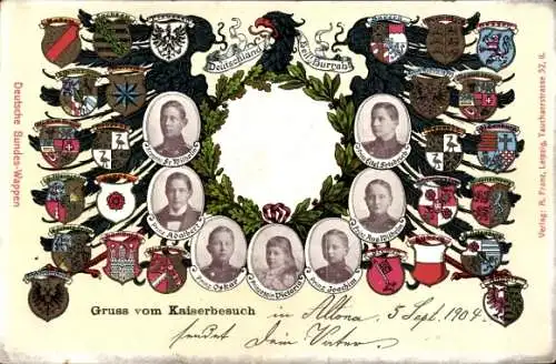 Präge Wappen Passepartout Ak Gruß vom Kaiserbesuch, Kaiserpaar, Prinzen