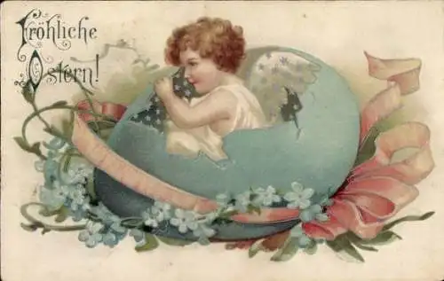 Präge Litho Glückwunsch Ostern, Engel in einem Osterei