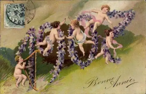 Ak Glückwunsch Neujahr, Veilchen, Kinder, Harfe, Jahreszahl 1907