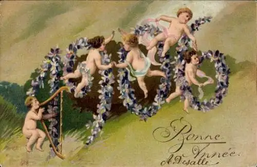 Ak Glückwunsch Neujahr, Veilchen, Kinder, Harfe, Jahreszahl 1906