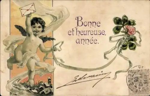 Präge Litho Glückwunsch Neujahr, Engel mit Brief, Klee