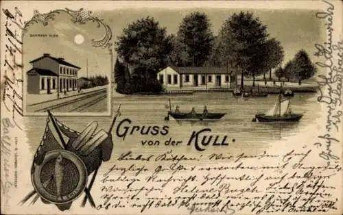 Mondschein Litho Krefeld am Niederrhein, Gruß von der Krull, Bahnhof, Gleisseite