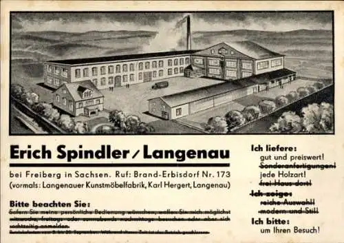 Ak Langenau Brand Erbisdorf in Sachsen, Möbelfabrik Erich Spindler
