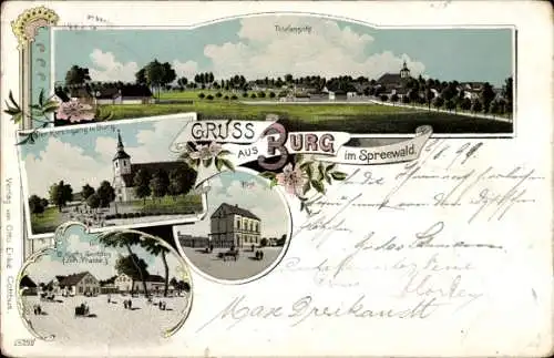 Litho Burg im Spreewald, Panorama, Kirchgang, Post, Gasthaus von Franke