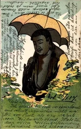 Künstler Ak Japan, Buddha mit Regenschirm
