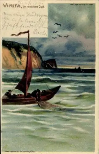 Halt gegen das Licht Litho Vineta, die versunkene Stadt in der Ostsee, Fischerboot