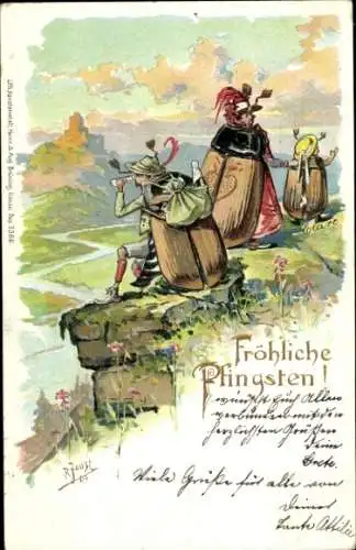 Präge Litho Glückwunsch Pfingsten, Maikäfer, Wanderer