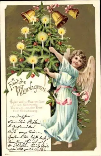 Präge Litho Frohe Weihnachten, Engel läutet Glocken, Tannenbaum