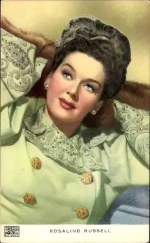 Ak Schauspielerin Rosalind Russell, Portrait, Grünes Kleid, Columbia Pictures