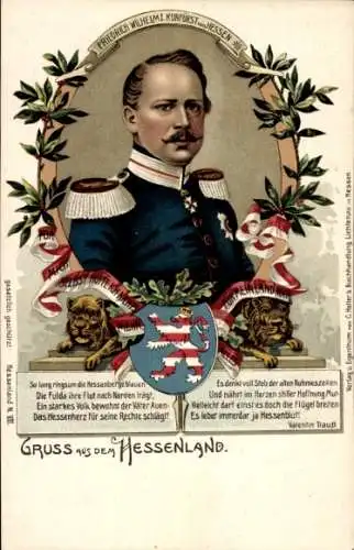 Litho Kurfürst Friedrich Wilhelm von Hessen, Portrait, Wappen