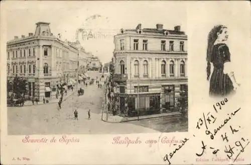 Ak Sofia Bulgarien, Straßenpartie, Frau in Tracht