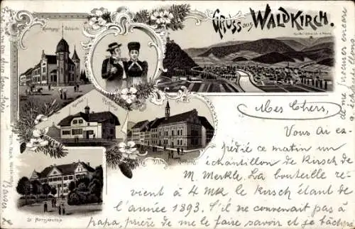 Litho Waldkirch im Breisgau Schwarzwald, Rathaus, St. Margaretha, Totalansicht, Trachten