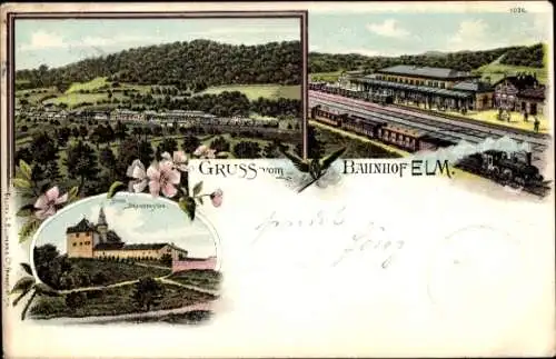 Litho Elm Schlüchtern im Main Kinzig Kreis, Bahnhof, Burg Brandenstein