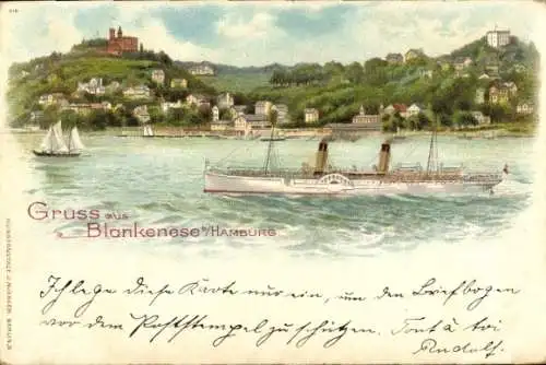 Litho Hamburg Altona Blankenese, Süllberg, Salondampfer auf der Elbe, Villenviertel, Segelboot
