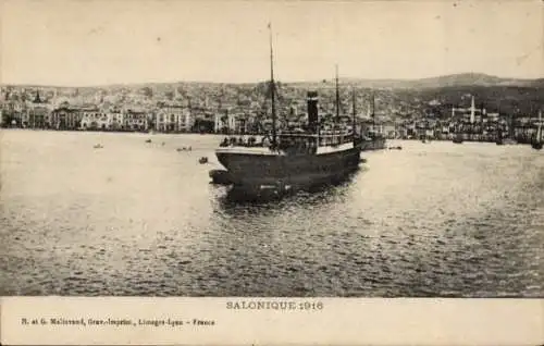 Ak Salonique Griechenland, Gesamtansicht, Hafen, Dampfer, 1916